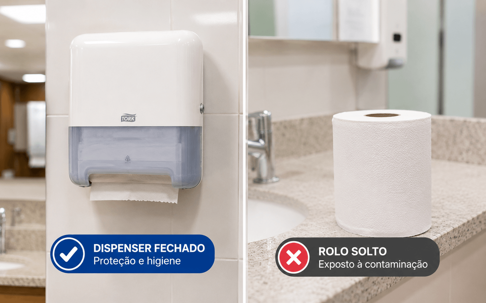 Comparação entre dispenser fechado e rolo de papel solto